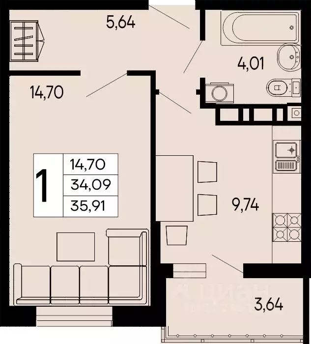 1-к кв. Адыгея, Майкоп 9 Мая ул. (35.91 м) - Фото 1
