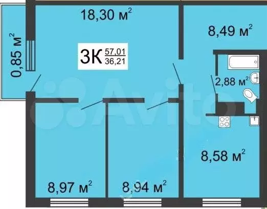 3-к. квартира, 56 м, 7/10 эт. - Фото 0