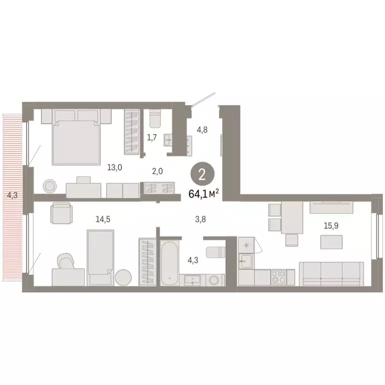 2-комнатная квартира: Новосибирский район, рабочий посёлок Краснообск, ... - Фото 2