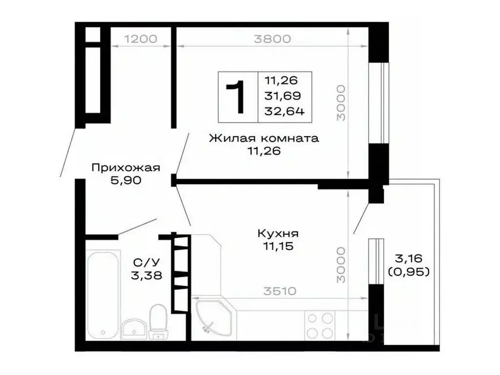 1-к кв. Адыгея, Майкоп Горные Высоты жилой комплекс (32.64 м) - Фото 1
