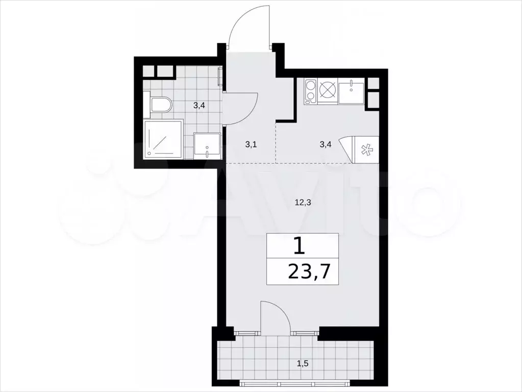 Квартира-студия, 23,7м, 13/15эт. - Фото 1