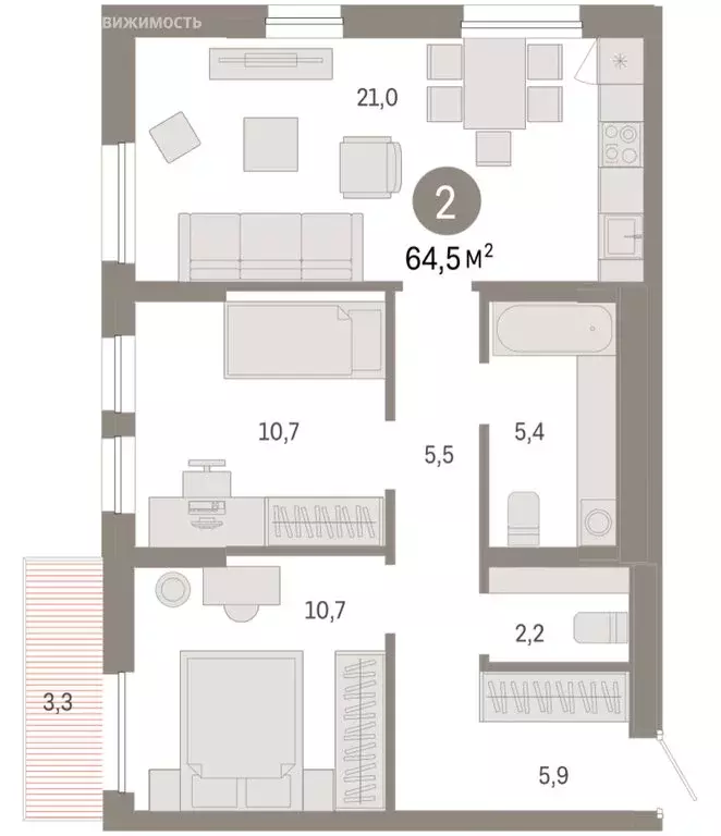 2-комнатная квартира: Тюмень, улица Республики, 205к1 (64.51 м) - Фото 2