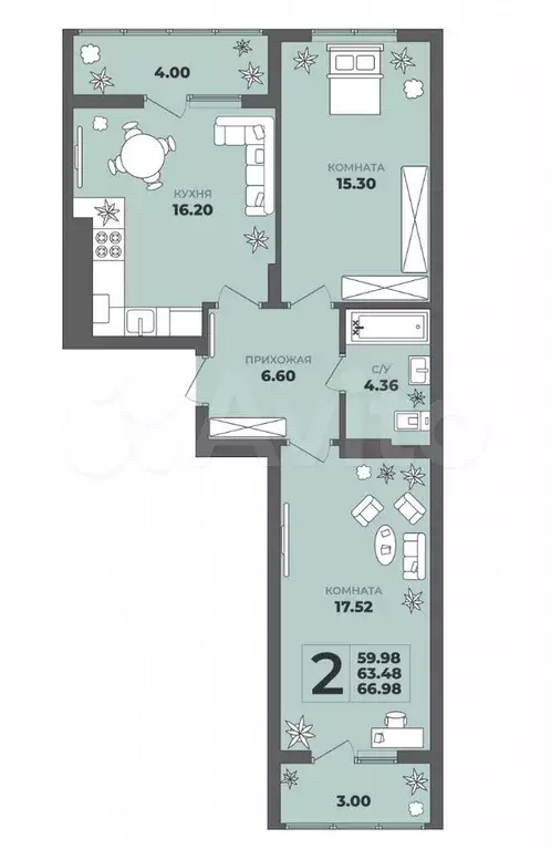 2-к. квартира, 63,5 м, 4/8 эт. - Фото 1