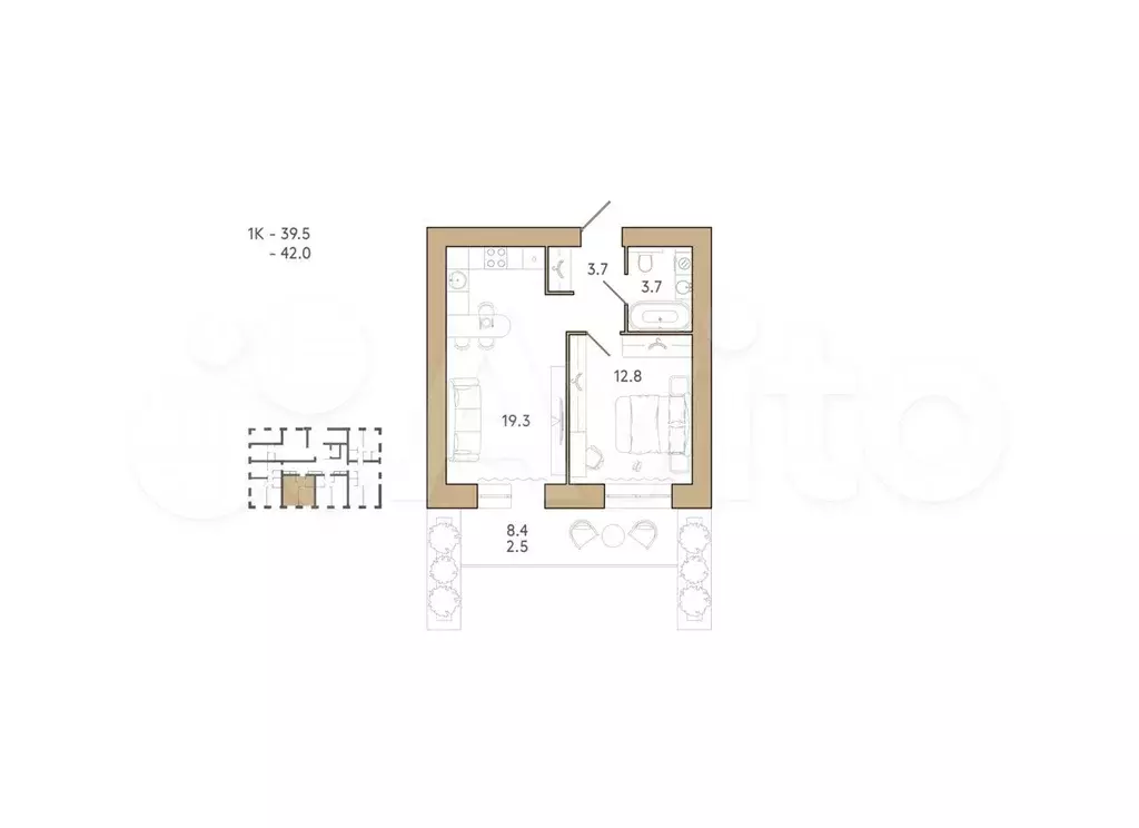 1-к. квартира, 42 м, 1/9 эт. - Фото 0