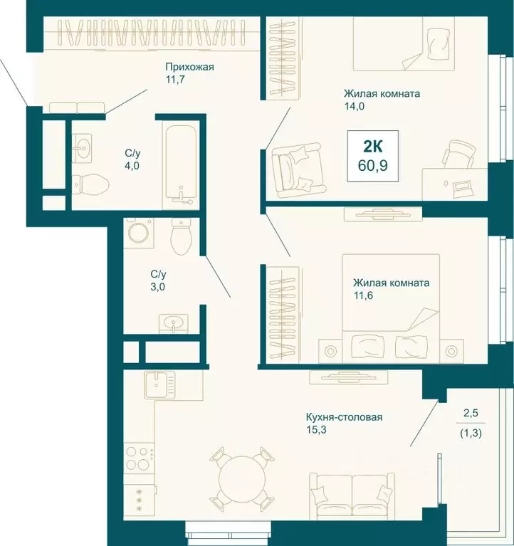 2-к кв. Свердловская область, Екатеринбург ул. 8 Марта, 197 (60.9 м) - Фото 1