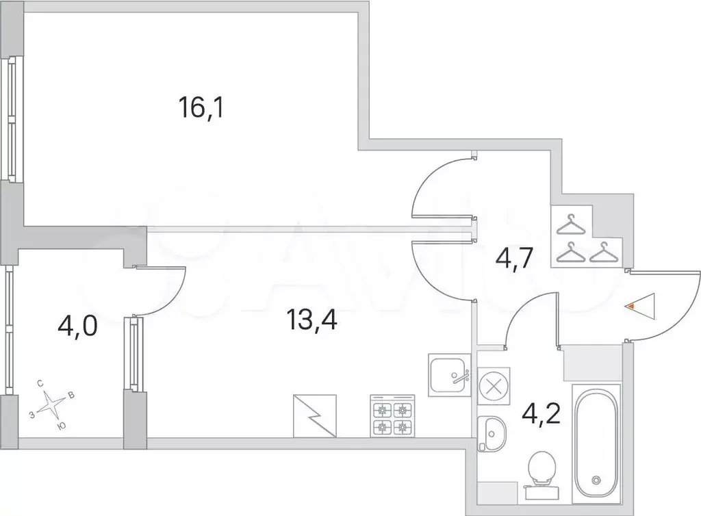 1-к. квартира, 42,1 м, 4/5 эт. - Фото 1