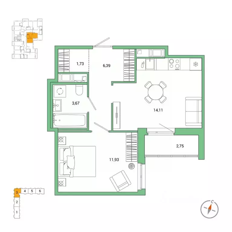 1-к кв. Санкт-Петербург Окла жилой комплекс (39.21 м) - Фото 0
