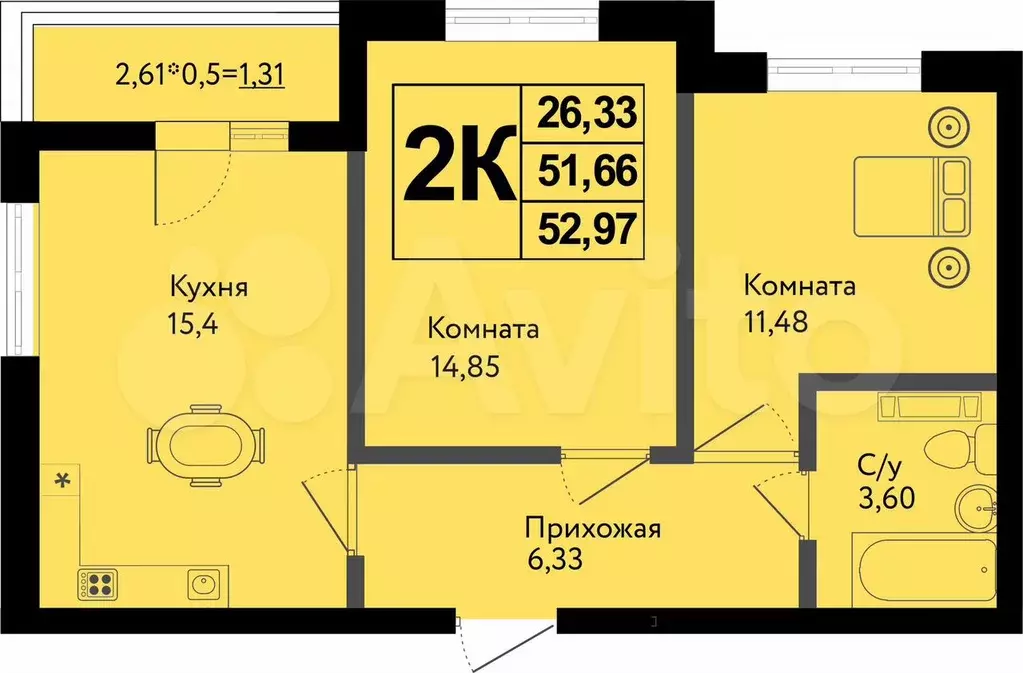2-к. квартира, 53 м, 3/12 эт. - Фото 0