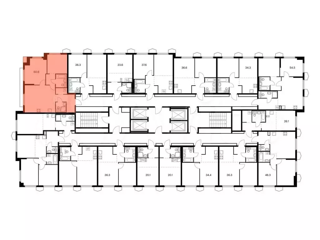 2-к. квартира, 60,6м, 13/24эт. - Фото 1