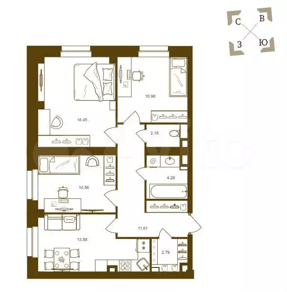 3-к. квартира, 72,4 м, 2/16 эт. - Фото 1