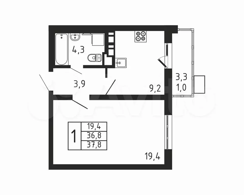 1-к. квартира, 37,8 м, 9/9 эт. - Фото 0