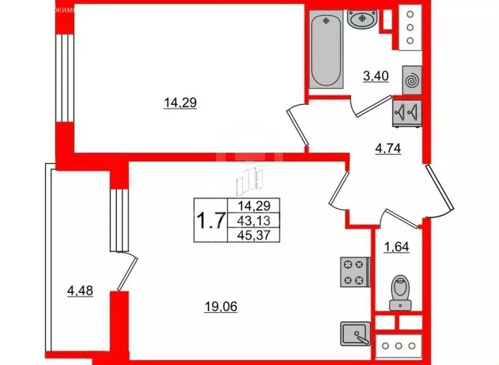 1-комнатная квартира: Санкт-Петербург, Арцеуловская аллея, 17 (45 м) - Фото 1