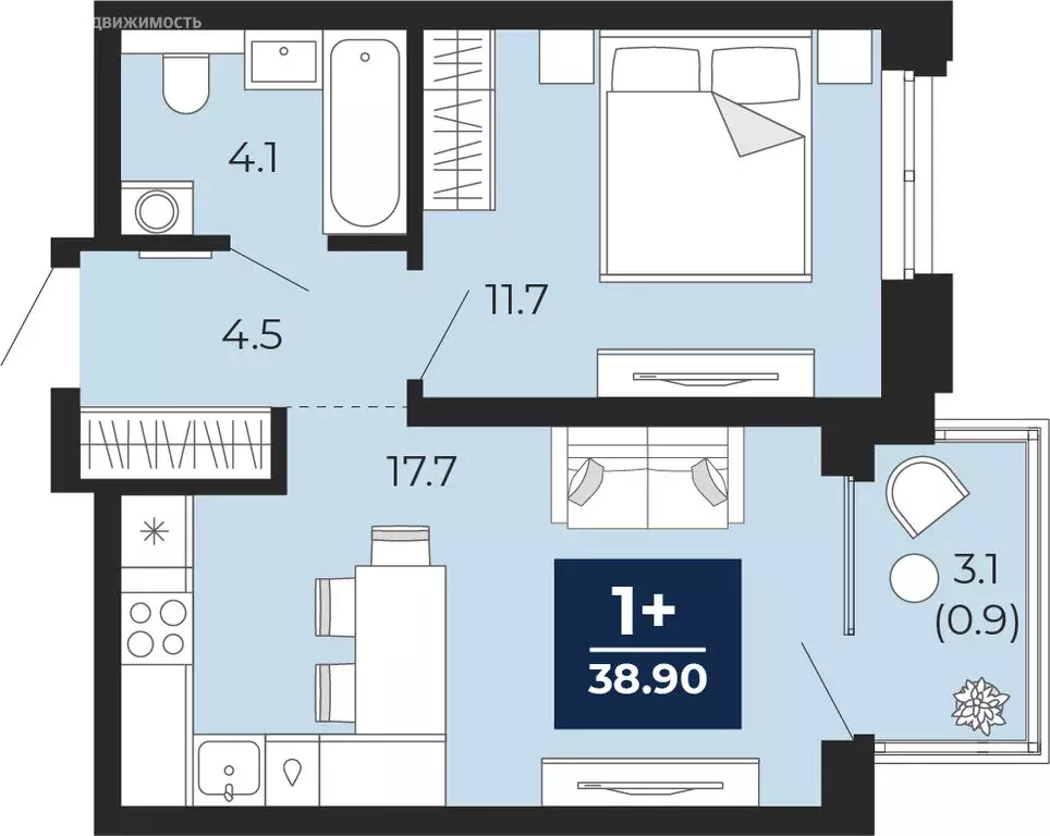 1-комнатная квартира: Тюмень, проезд Капитана Куликова, 7 (38.9 м) - Фото 1