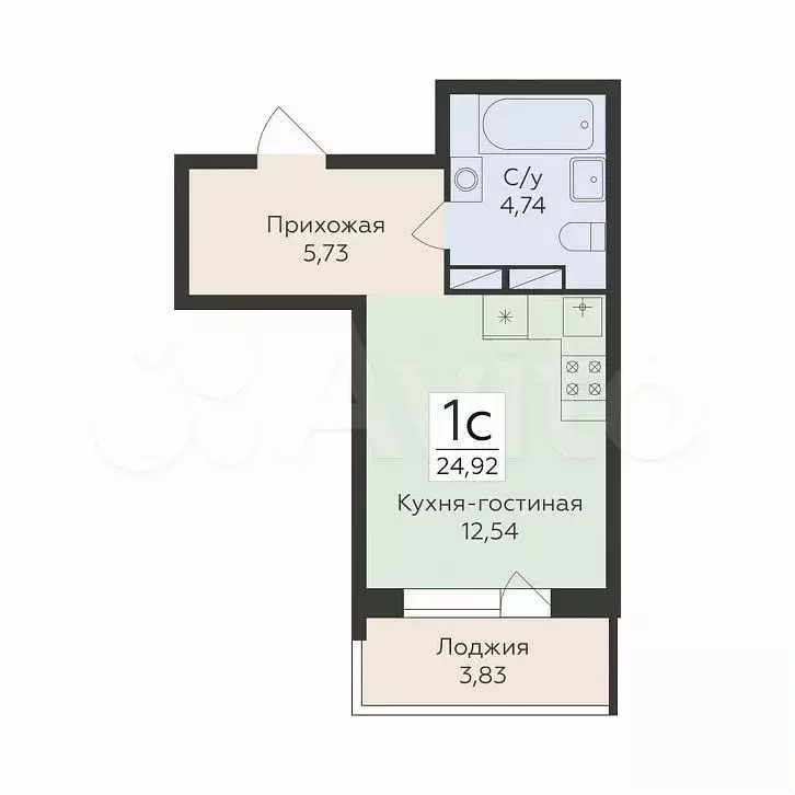 Квартира-студия, 24,9 м, 4/16 эт. - Фото 1