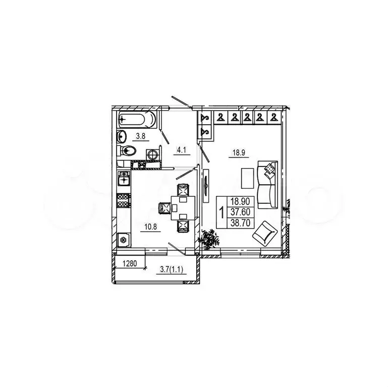 1-к. квартира, 38,8 м, 7/9 эт. - Фото 1