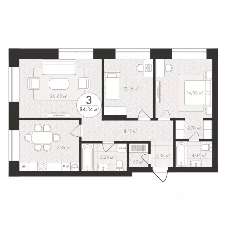 3-к кв. Башкортостан, Уфа Южный-2 мкр,  (84.14 м) - Фото 1