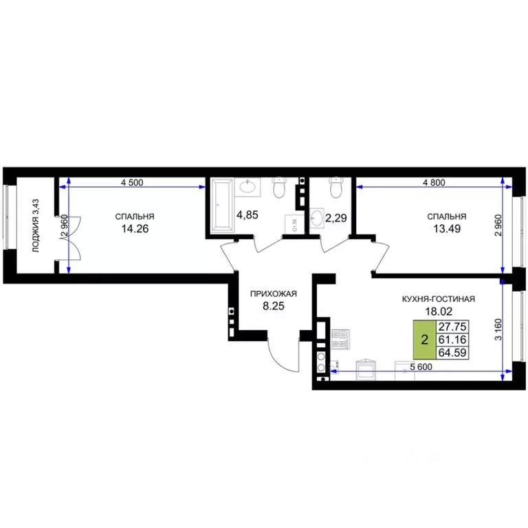 2-к кв. Калининградская область, Гурьевск Включи жилой комплекс (64.59 ... - Фото 1
