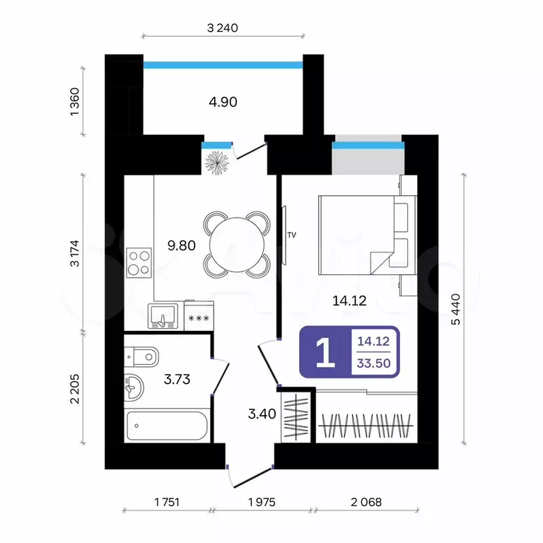 1-к. квартира, 33,5 м, 1/9 эт. - Фото 0