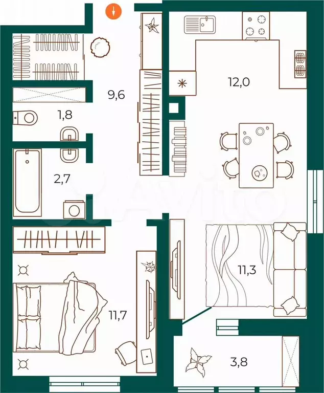 2-к. квартира, 53,5 м, 12/25 эт. - Фото 1