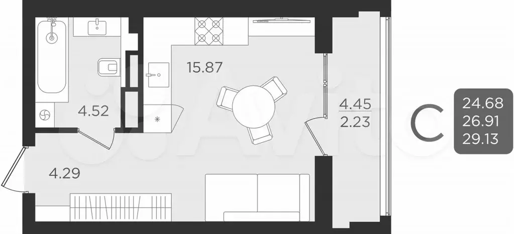 Квартира-студия, 29,1 м, 3/9 эт. - Фото 1