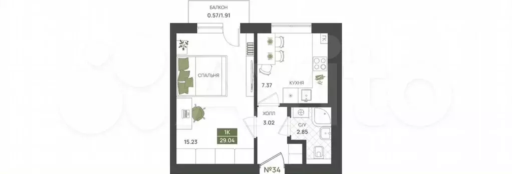 1-к. квартира, 29 м, 4/5 эт. - Фото 1