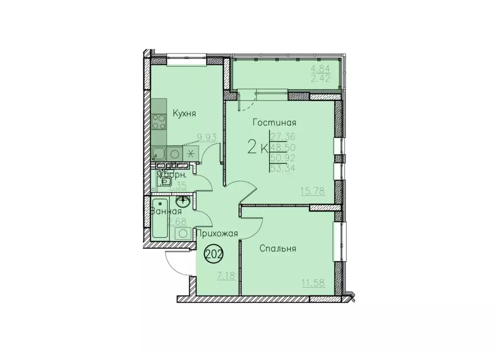 2-к квартира, 53.34 м - Фото 0