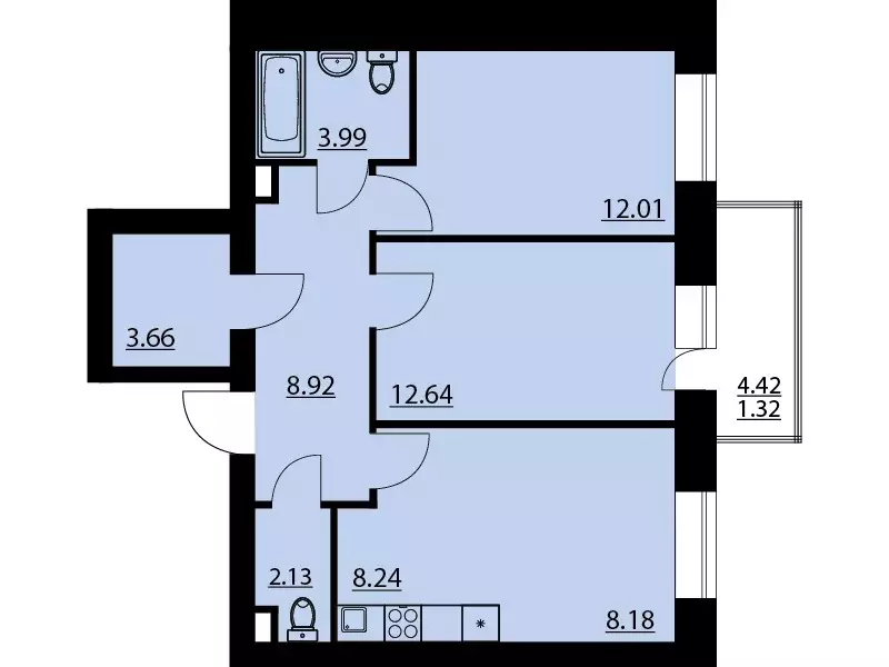 2-к квартира, 60.82 м - Фото 0