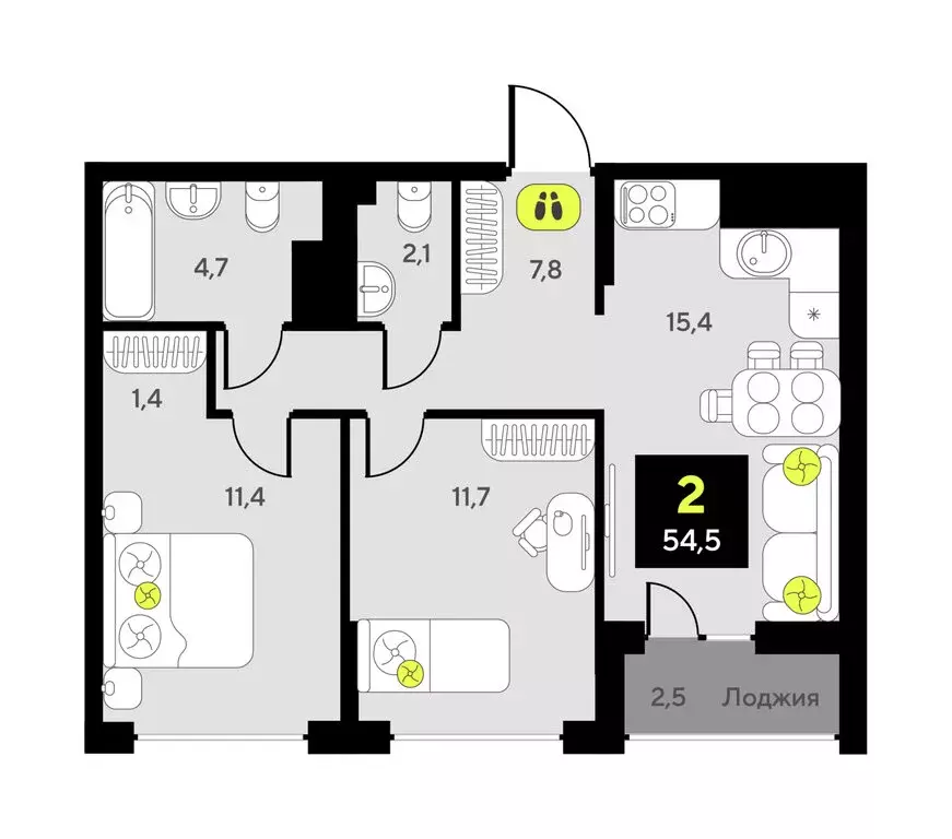 2-комнатная квартира: Тюмень, улица Пожарных и Спасателей, 16 (54.5 м) - Фото 1