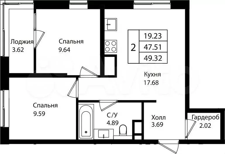 2-к. квартира, 49,3 м, 5/18 эт. - Фото 1