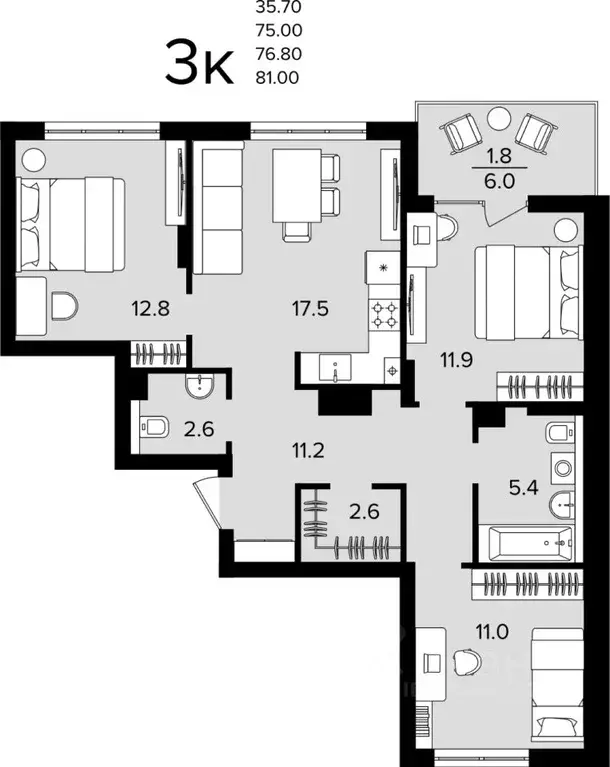 3-к кв. Калининградская область, Гурьевский муниципальный округ, пос. ... - Фото 1
