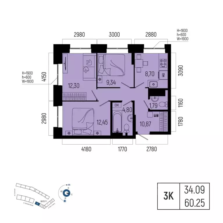 3-к кв. Башкортостан, Уфа Глумилино-1 мкр, Новатор жилой комплекс ... - Фото 1