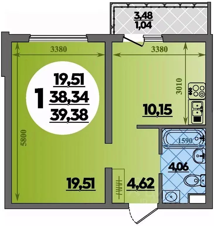 1-к кв. Адыгея, Майкоп  (39.38 м) - Фото 1