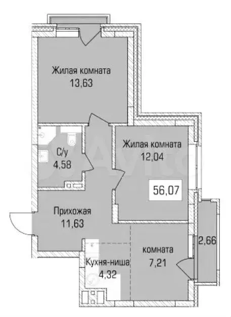 3-к. квартира, 56,1 м, 5/9 эт. - Фото 0