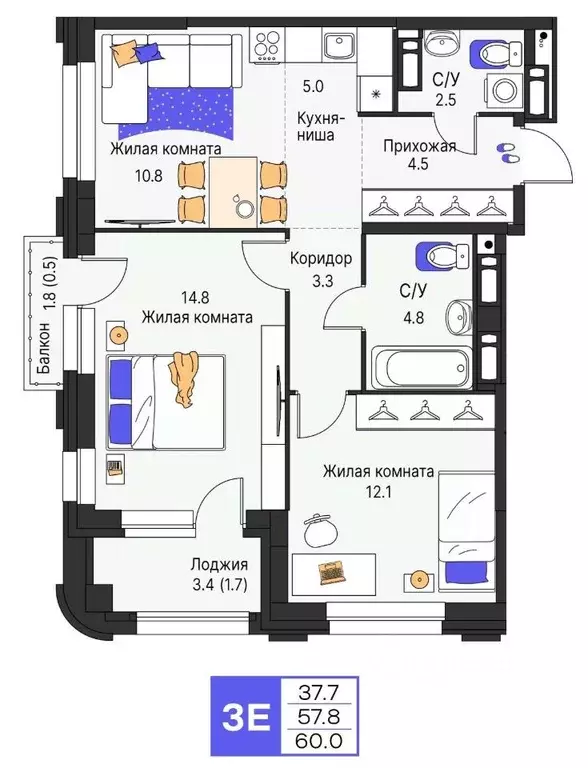 3-к кв. Пермский край, Пермь ул. Карла Модераха, 7 (60.0 м) - Фото 1