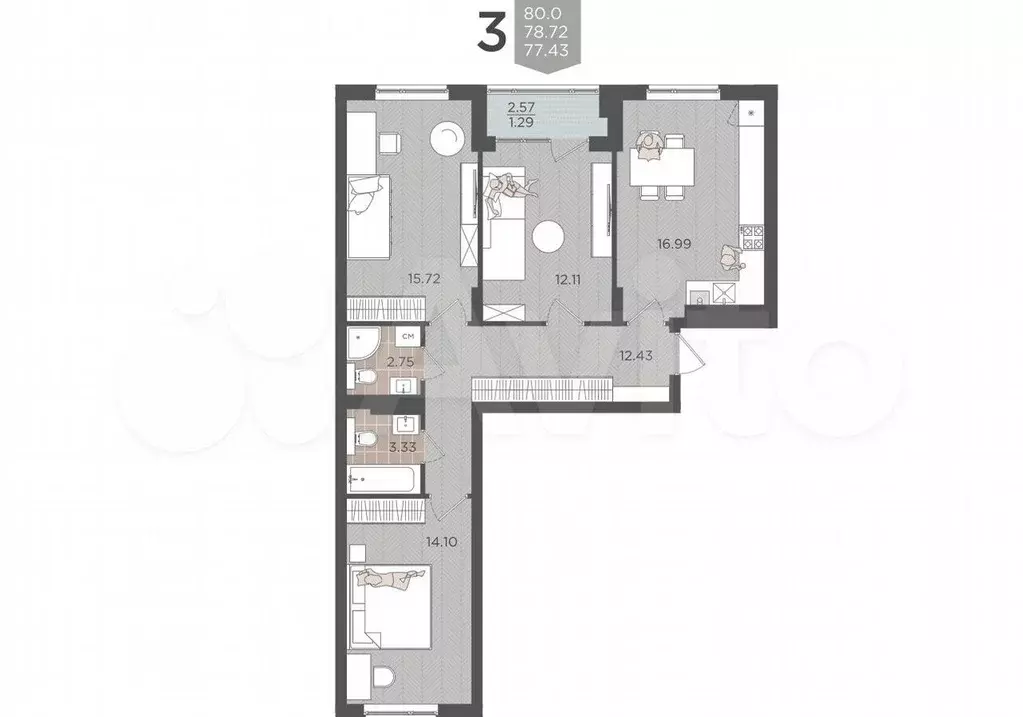 3-к. квартира, 78,7 м, 3/9 эт. - Фото 1