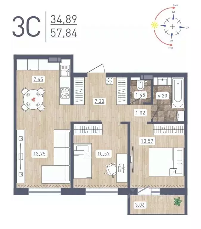 3-к кв. Новосибирская область, Новосибирск ул. Забалуева, 69 (57.84 м) - Фото 0