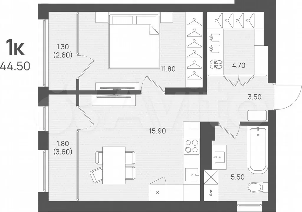 1-к. квартира, 44,6 м, 2/4 эт. - Фото 1