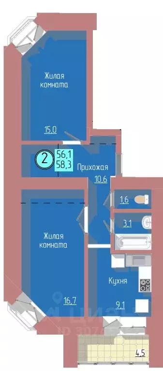 2-к кв. Амурская область, Благовещенск Загородная ул., 47 (58.4 м) - Фото 1