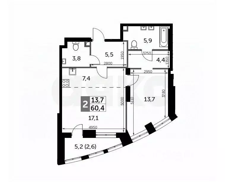 2-к кв. Москва Сидней Сити жилой комплекс, к2/2 (60.4 м) - Фото 1