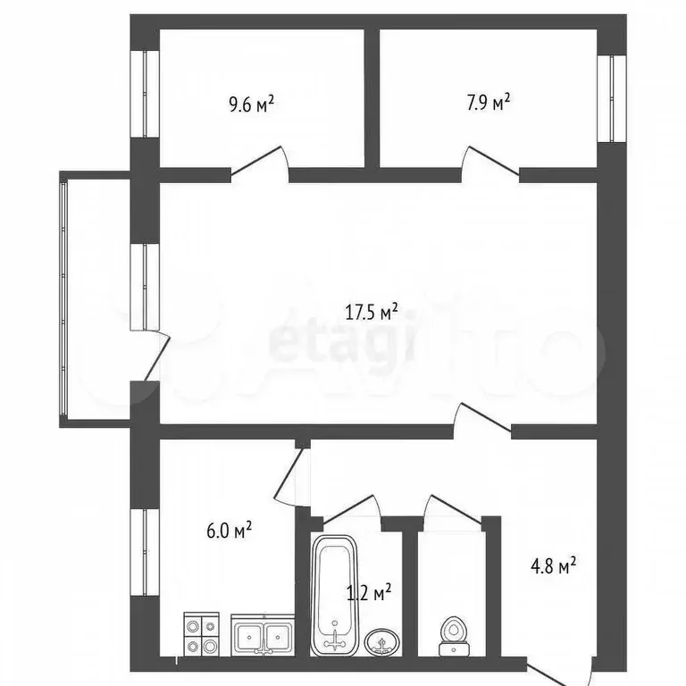 3-к. квартира, 49,1 м, 2/5 эт. - Фото 0