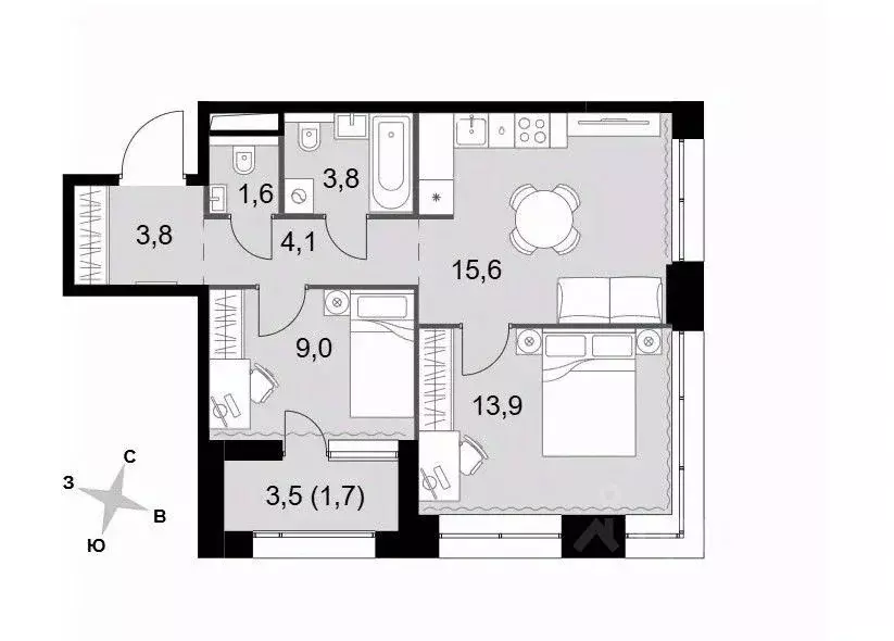 2-к кв. Москва Строительный проезд, 9к1 (53.5 м) - Фото 2