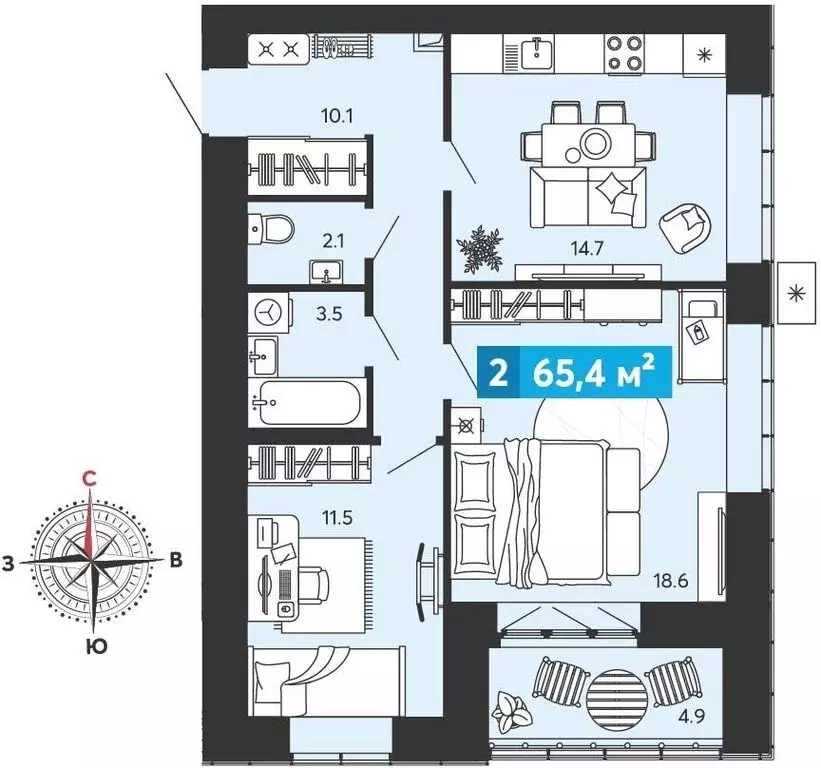 2-комнатная квартира: Засечное, микрорайон Город Спутник (65.4 м) - Фото 1