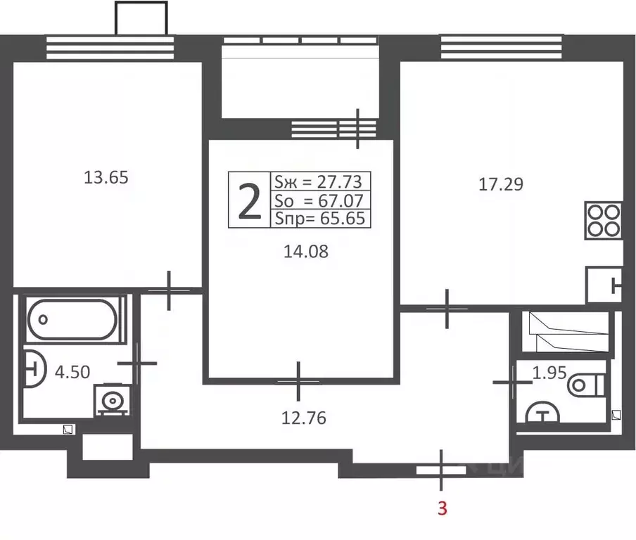 2-к кв. Москва Полярная ул., 16К1 (65.65 м) - Фото 2