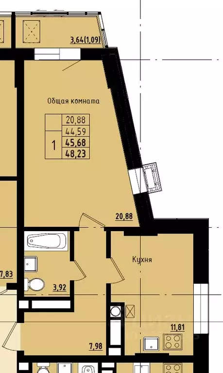 1-к кв. Саха (Якутия), Якутск ул. Софронова, 71 (45.68 м) - Фото 0