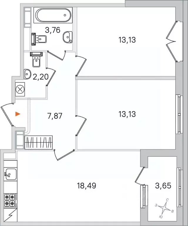 Квартира, 2 комнаты, 58.58 м - Фото 1