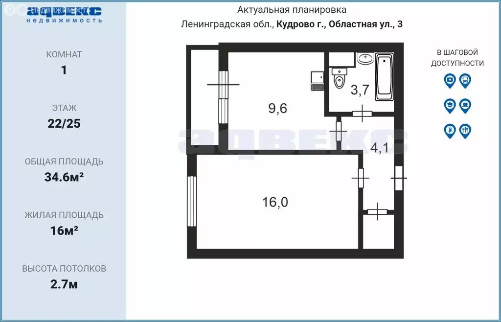 1-комнатная квартира: Кудрово, Областная улица, 3 (34.6 м) - Фото 2
