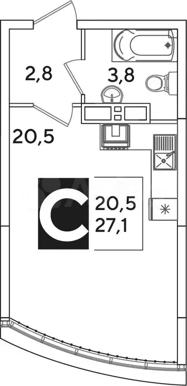 квартира-студия, 27,1 м, 16/16 эт. - Фото 0