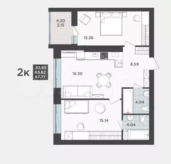 2-к. квартира, 65,6 м, 1/9 эт. - Фото 1