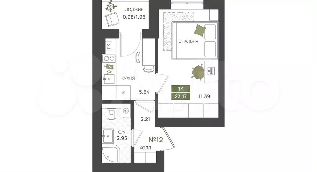 1-к. квартира, 23,1 м, 2/5 эт. - Фото 1