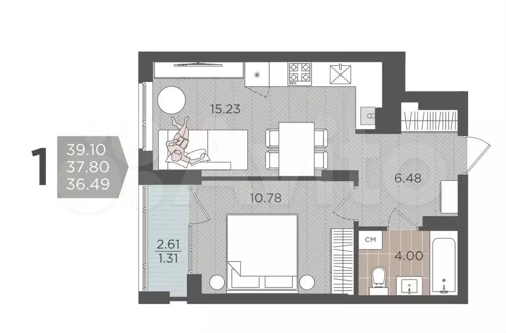1-к. квартира, 37,8 м, 2/9 эт. - Фото 1